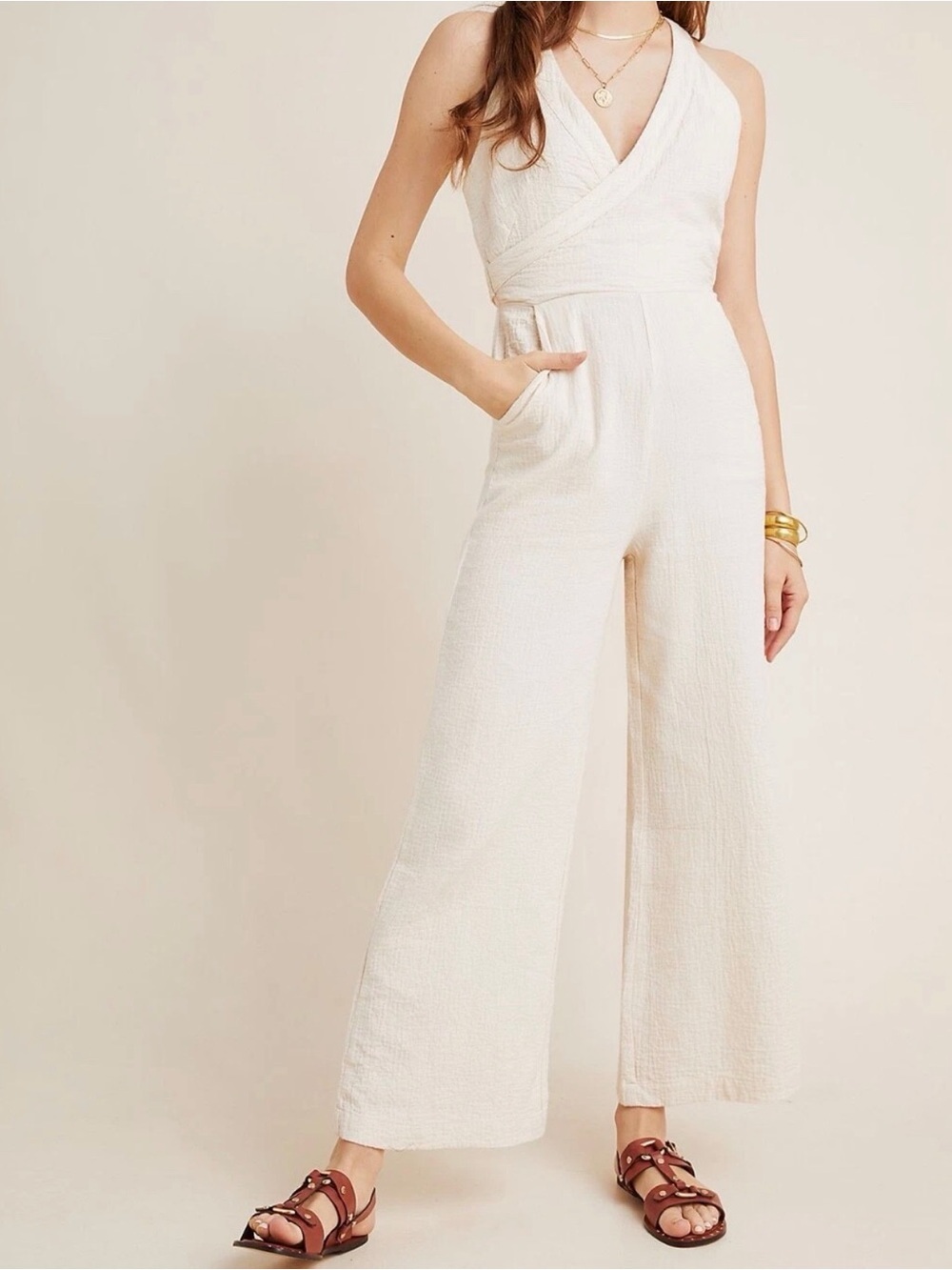 Anthropologie Ivory Sleeveless Wide-Leg Jumpsuit